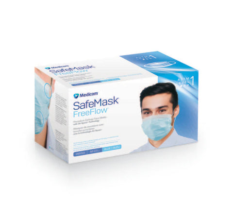 Medicom 200315 SafeMask FreeFlow Earloop Face Masks ASTM Level 1 Blue 50/Bx