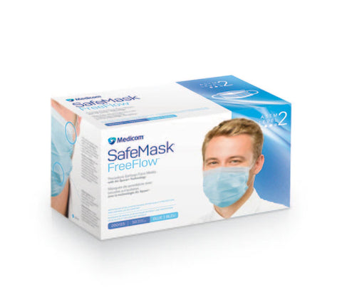 Medicom 200415 SafeMask FreeFlow Earloop Face Masks ASTM Level 2 Blue 50/Bx