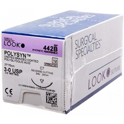Look 442B PolySyn Undyed Braided Absorbable Sutures C7 3-0 3/8 Circle 27" 12/Bx