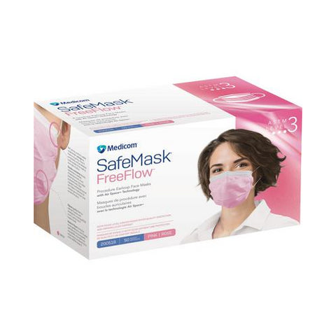 Medicom 200516 SafeMask FreeFlow Earloop Face Masks ASTM Level 3 Pink 50/Bx