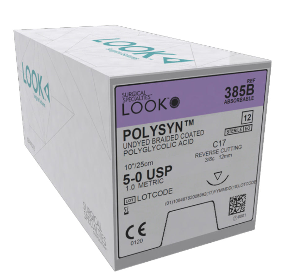 Look 385B Polysyn PGA Undyed Braided Sutures C-17 5/0 10