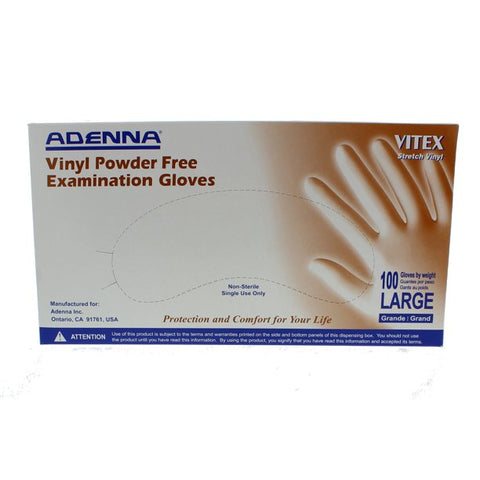 Adenna VTX996 Vitex Vinyl Exam Gloves Powder Free Large 100/Bx EXP Feb 2024