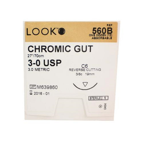 Look 560B Chromic Gut Absorbable Reverse Cutting Sutures C6 3/8 Circle 3-0 27" 12/Bx