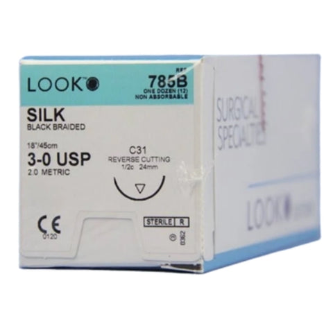 Look X785B Silk 3-0 Black Sutures 18" C31 1/2 Circle Reverse Cutting 24mm 12/Pk