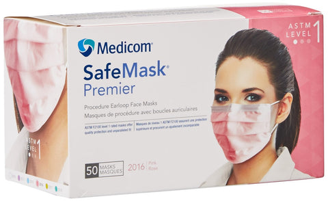 Medicom 2016 SafeMask Premier Earloop Face Masks ASTM Level 1 Pink 50/Bx