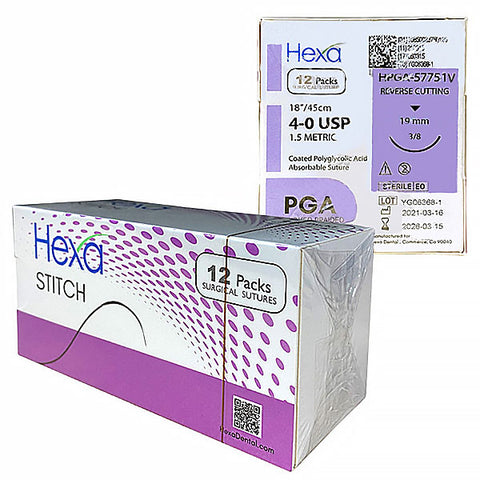 Hygedent HPGA-57751V PGA Violet Braided Absorbable Sutures 4/0 Needle 19mm Length 18" 12/Pk