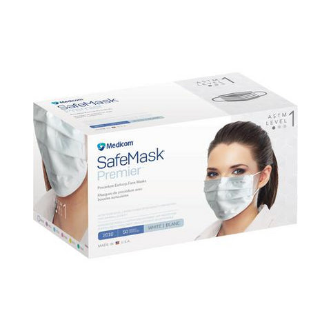 Medicom 2010 SafeMask Premier Earloop Face Masks ASTM Level 1 White 50/Bx