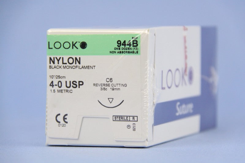 Look 944B Nylon Black Monofilament Cuticular Reverse Cutting Sutures C6 3/8 Circle 4-0 10