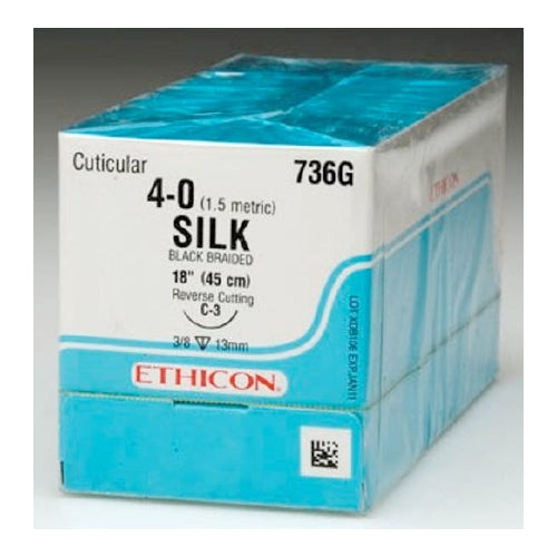 J&J Ethicon 736G Silk Black Braided Sutures C3 4/0 18'' 12/Bx