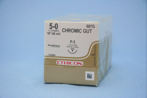 J&J Ethicon 687G Chromic Gut Absorbable Reverse Cutting Sutures P3 5-0 18'' 12/Bx