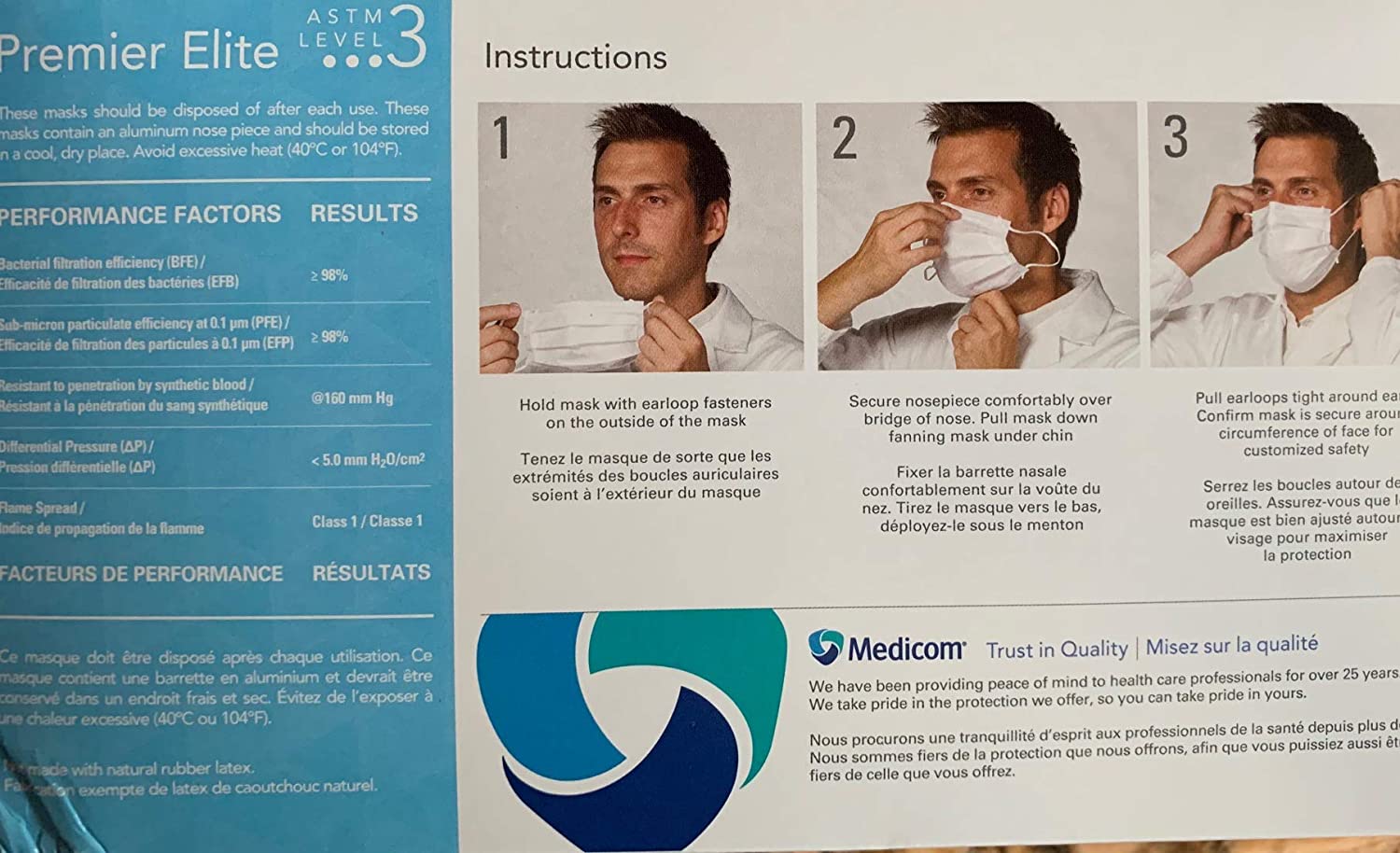 Medicom 2042 SafeMask Premier Elite Earloop Face Masks ASTM Level 3 Blue 50/Bx