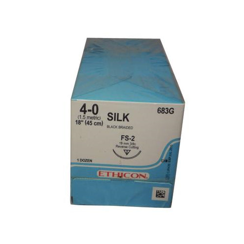 J&J Ethicon 683G Perma-Hand Silk Black Braided Non-Absorbable Sutures FS2 4-0 18" 12/Bx