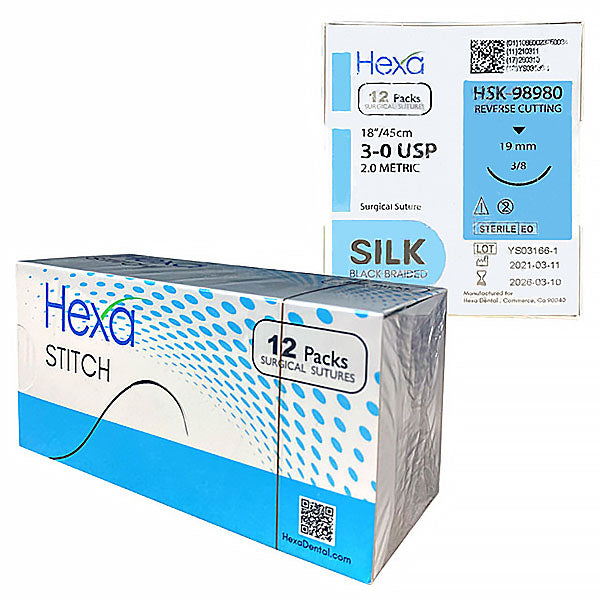 Hygedent HSK-98980 Silk Braided Sutures 3-0 Needle 19mm Length 18