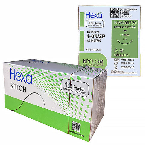 Hygedent HNY-88770 Hexa Nylon Black Monofilament Sutures 4-0 Needle 19mm 18" 12/Pk