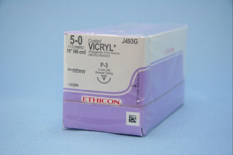 J&J Ethicon J493G Vicryl Polyglactin Undyed Absorbable Sutures P3 5-0 18'' 12/Bx