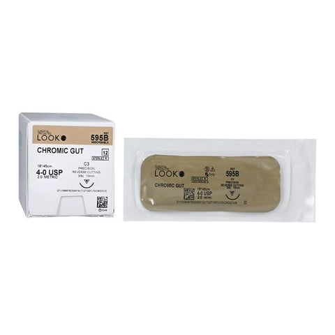 Look X595B Chromic Gut Absorbable Sutures 4-0 18" C3 3/8 Circle Precision Reverse Cutting 13mm 12/Pk