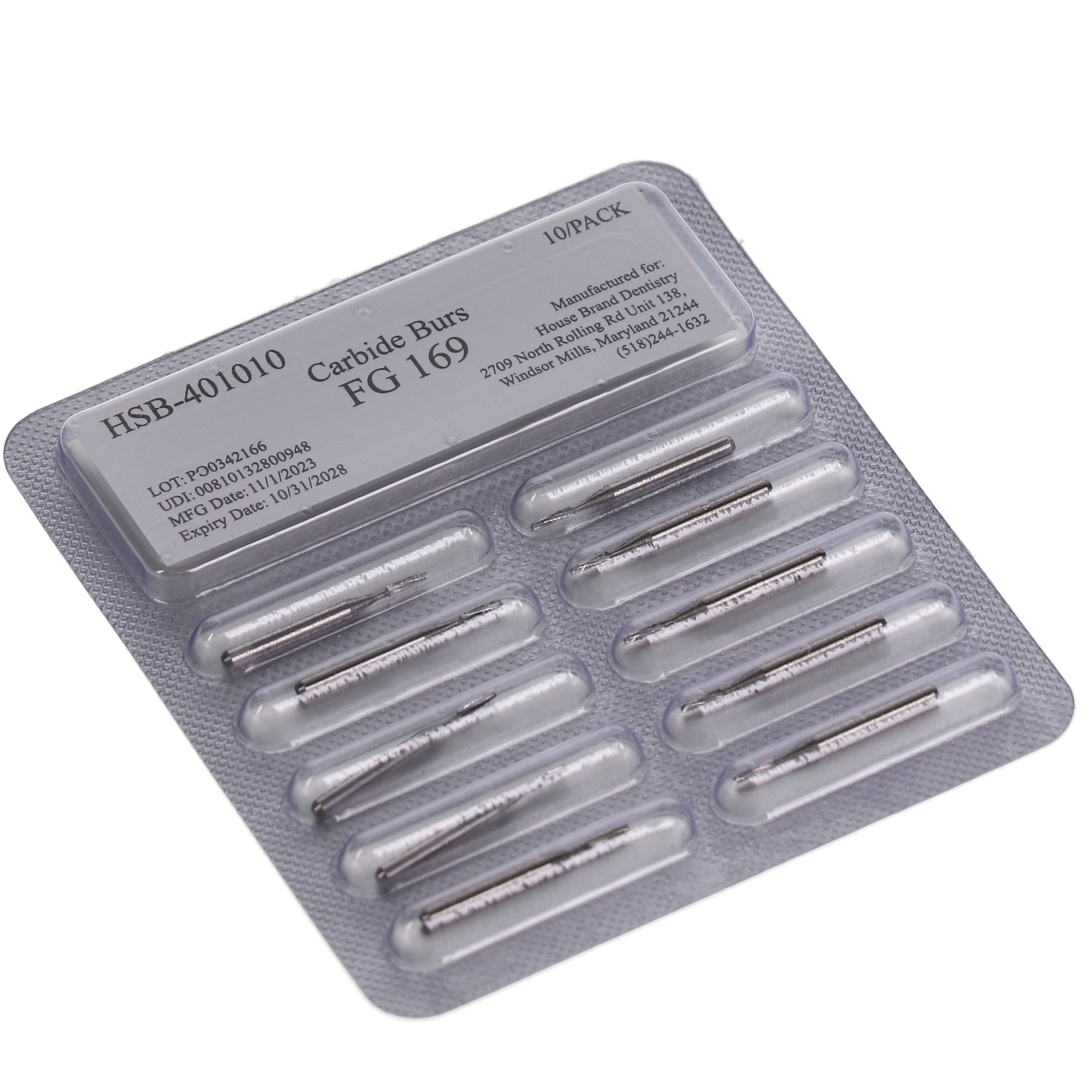 House Brand Dentistry 401010 HSB FG #169 Taper Fissure Plain Carbide Burs 100/Pk