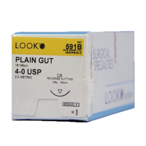 Look X591B Plain Gut Absorbable Sutures  4-8 18'' C6 3/8 Circle Reverse Cutting 19mm 12/Pk