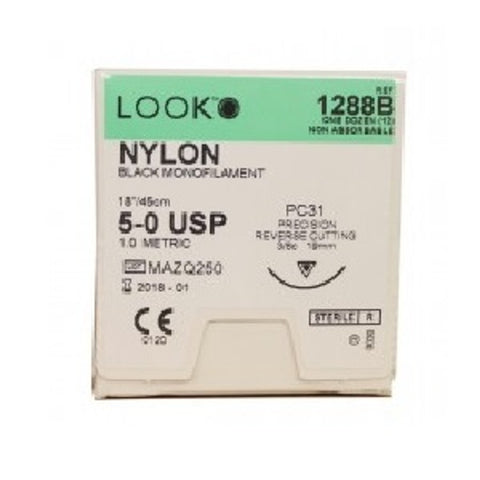 Look X1288B Nylon Black Monofilament Sutures 5/0 PC31 18" 12/Box