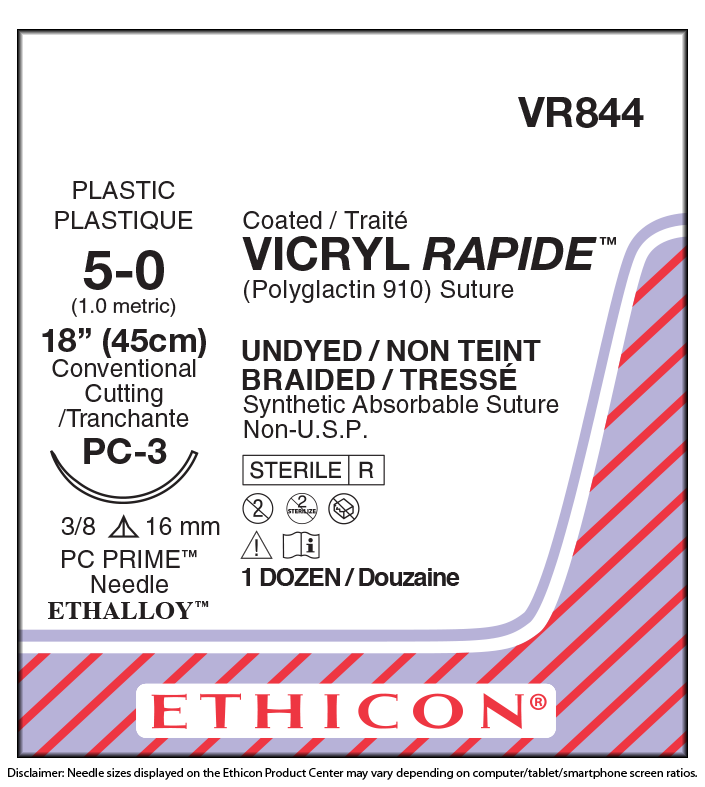 J&J Ethicon VR844 Coated Vicryl Rapid Absorbable Sutures 5/0 18" 12/Bx