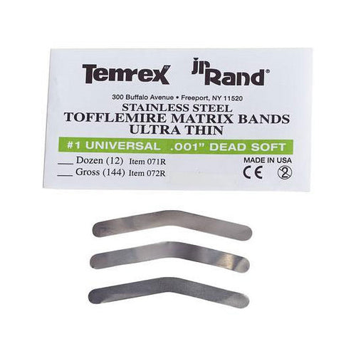 Temrex 072R JR Rand Tofflemire Matrix Bands #1 Universal .001" Dead Soft 144/Pk