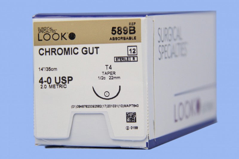 Look 589B Chromic Gut Absorbable Reverse Cut Sutures T-4 1/2 Circle 4-0 14