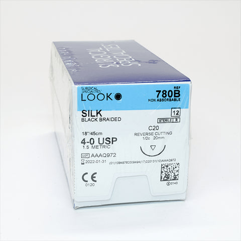 Look X780B Silk Black Sutures 4-0 18'' C20 1/2 Circle Reverse Cutting 20mm 12/Pk