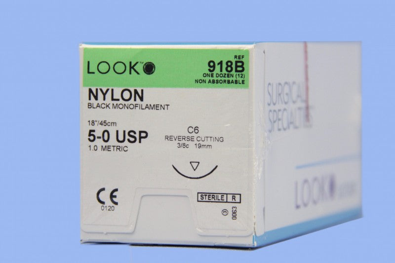 Look 918B Nylon Black Monofilament Reverse Cutting Sutures C6 3/8 Circle 5-0 18
