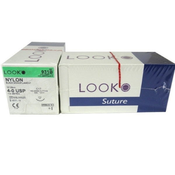 Look X931B Nylon 4-0 Black Sutures 10" C17 3/8 Circle Reverse Cutting 12mm 12/Pk