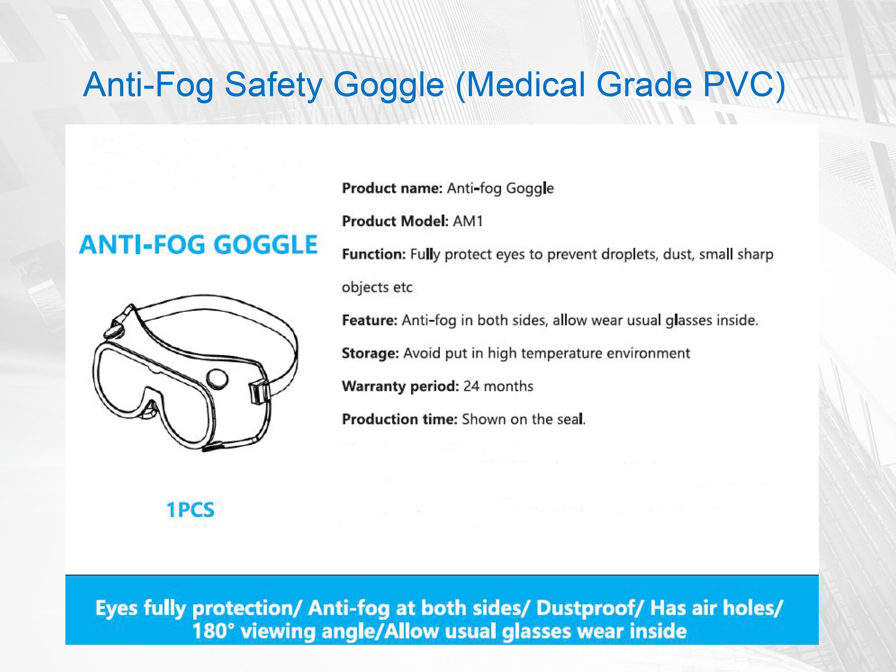 Aurora 200100 Anti-Fog Anti-Shock Safety Medical Goggles Dustproof with Side Vent Air Holes 30/Pk