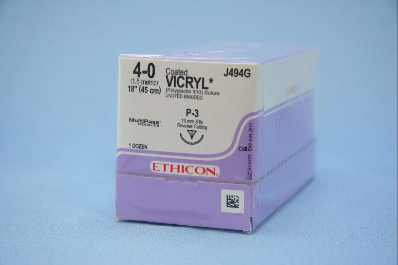 J&J Ethicon J494G Vicryl Polyglactin Undyed Polyglactin Sutures P3 4-0 18'' 12/Bx