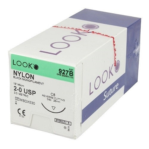 Look 927B Nylon Black Monofilament Reverse Cutting Sutures C8 2-0 3/8 Circle 18