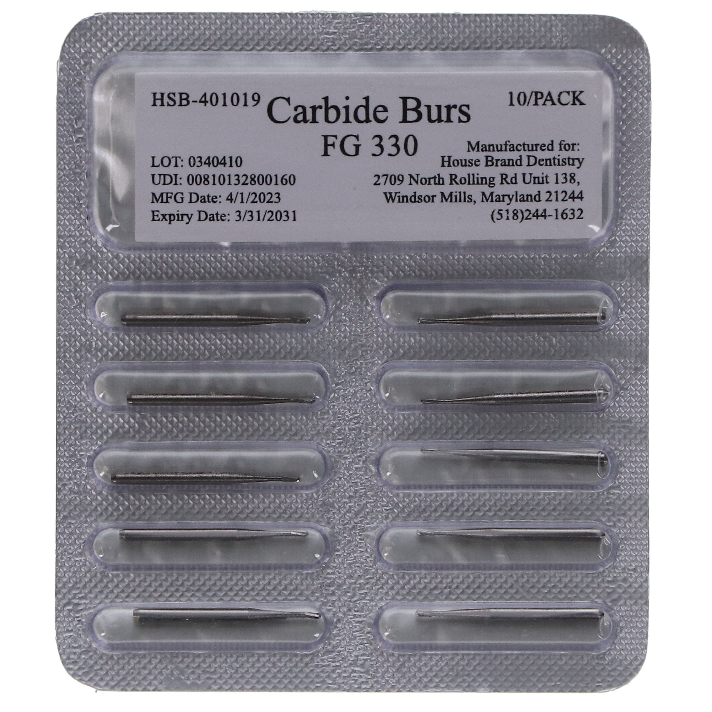 House Brand Dentistry 401019 FG Friction Grip #330 Pear Shaped Carbide Burs 100/Pk