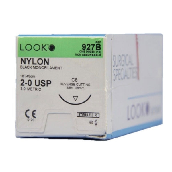 Look X927B Nylon 2-0 Black Sutures 18'' C8 3/8 Circle Reverse Cutting 26mm 12/Pk