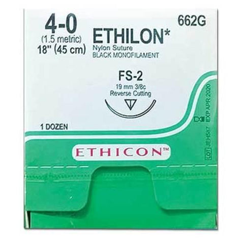 J&J Ethicon 662G Nylon Black Non-Absorbable Monofilament Sutures FS2 4/0 18" 12/Bx