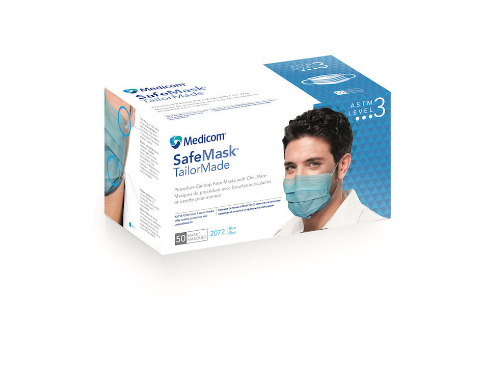 Medicom 2072 SafeMask TailorMade Earloop Face Masks Blue ASTM Level 3 50/Bx