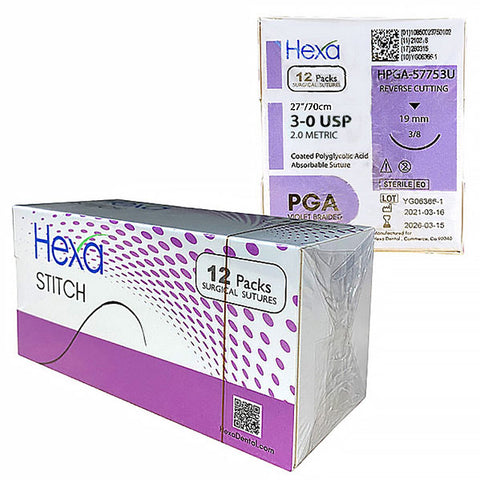 Hygedent HPGA-57753U PGA Violet Braided Sutures 3-0 Needle 19mm Length 30" 12/Pk